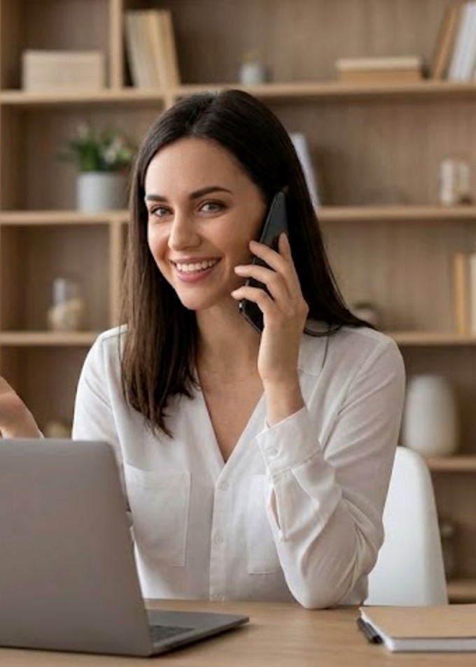 Mulher sorridente em consulta de telemedicina pelo celular