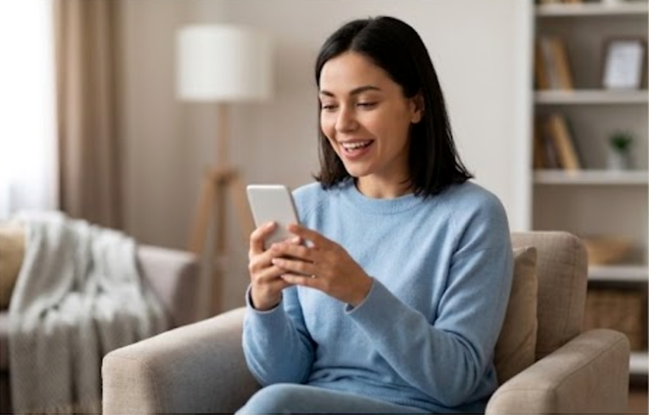 Mulher em sessão de telepsicologia pelo celular, em casa
